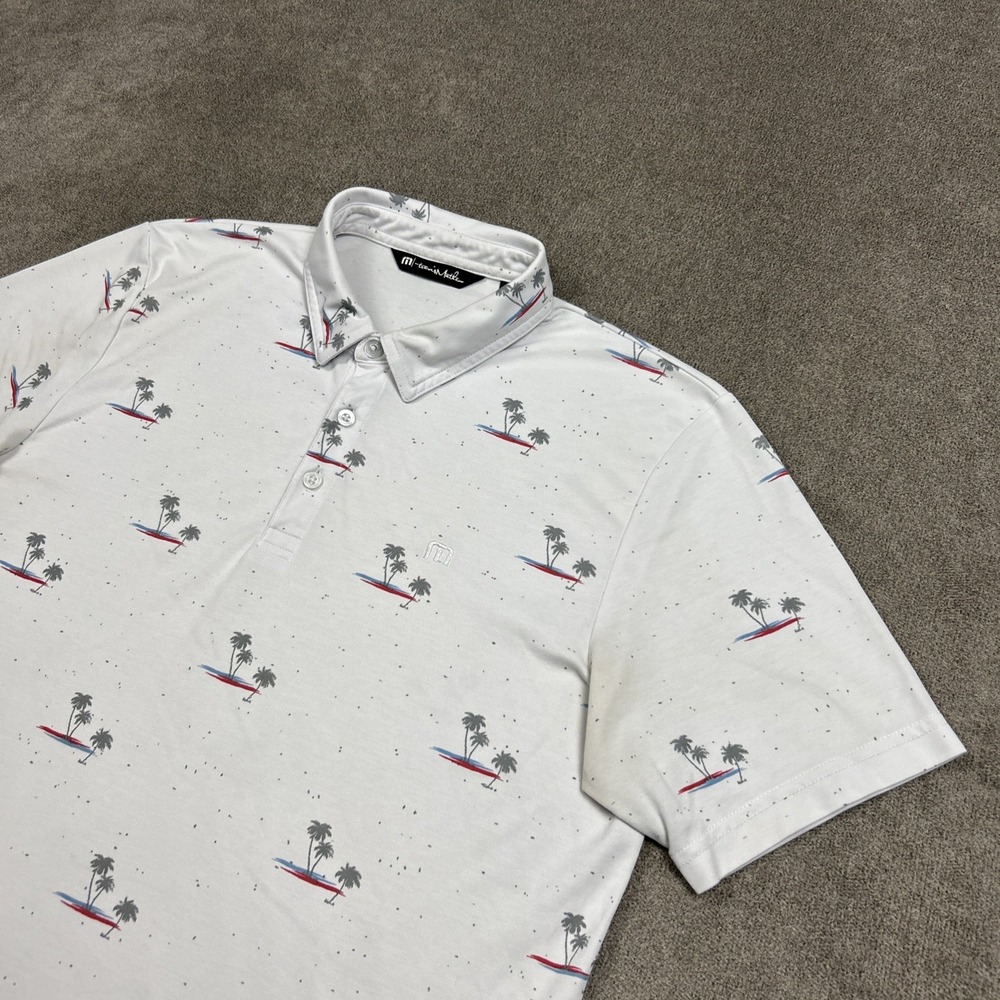 Travis Mathew Golf Polo Shirt Mens Large AOP Palm Trees White Performance Pique